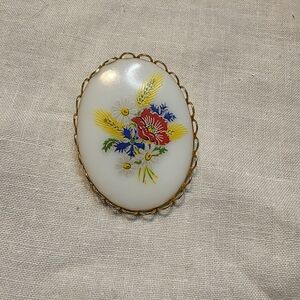 Vintage Hand Painted Oval Milk Glass Brooch With A Floral Print
